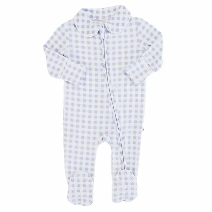 PETER PAN COLLAR ZIPPER FOOTIE - DUSTY BLUE GINGHAM