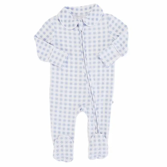 PETER PAN COLLAR ZIPPER FOOTIE - DUSTY BLUE GINGHAM