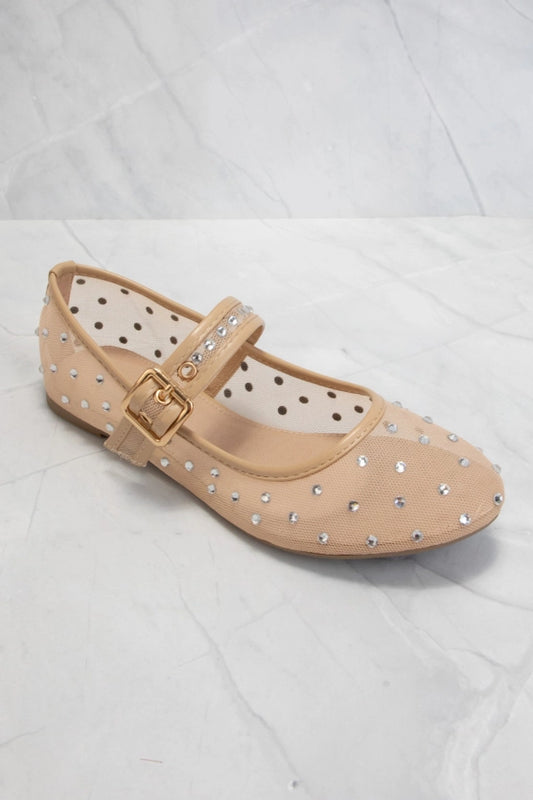 RHINESTONE EMBELLISHED MESH MARY JANE FLATS - BEIGE