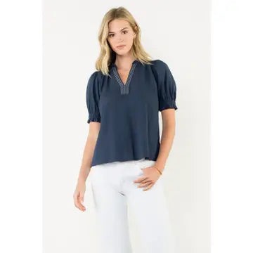 SHORT SLEEVE V-NECK TOP - NAVY