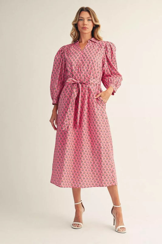 3/4 PUFF SLEEVE TINY FLORAL MIDI DRESS - PINK