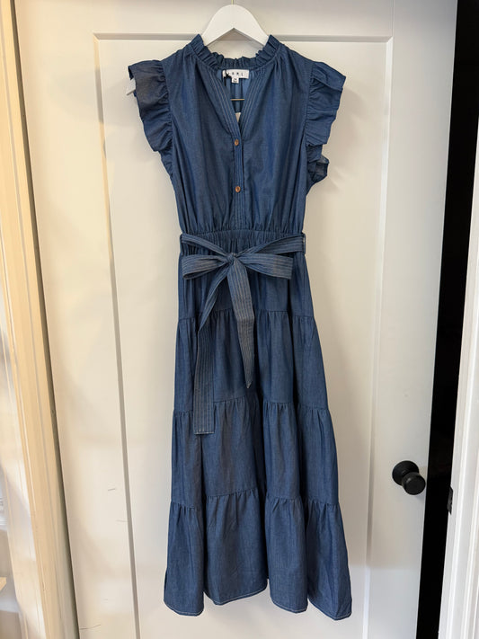 RUFFLE SLEEVE DENIM DRESS - DARK BLUE