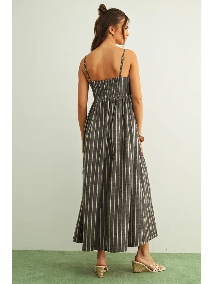STRIPE PATTERN LONG DRESS - CHARCOAL/BEIGE