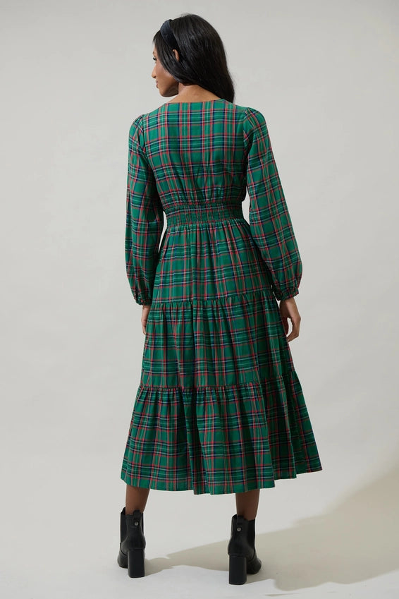 PLAID BUTTON DOWN MIDI DRESS - GREEN MULTI