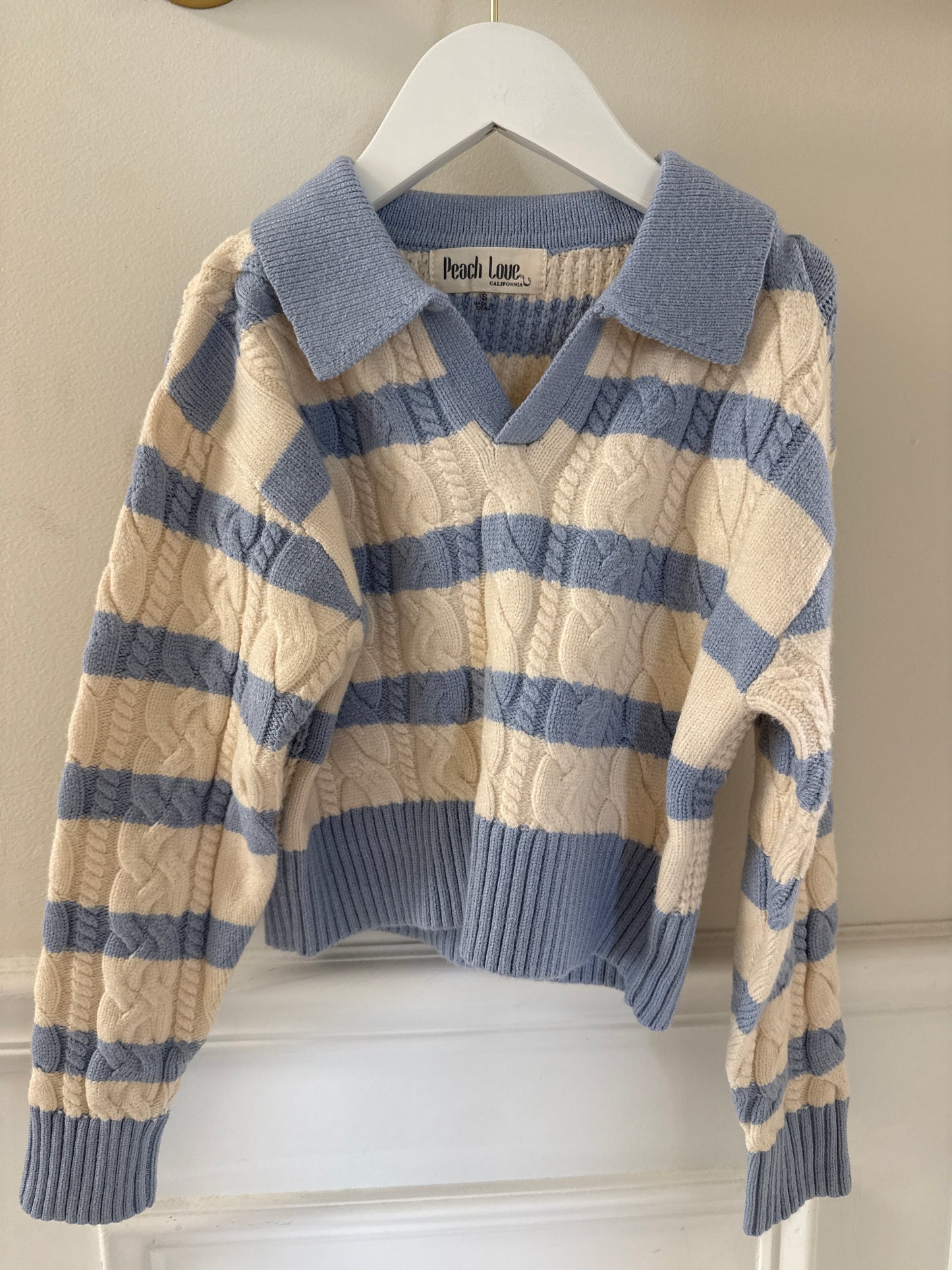TWEEN COLLARED STRIPE DETAIL CROPPED SWEATER - DUSTY BLUE /IVORY