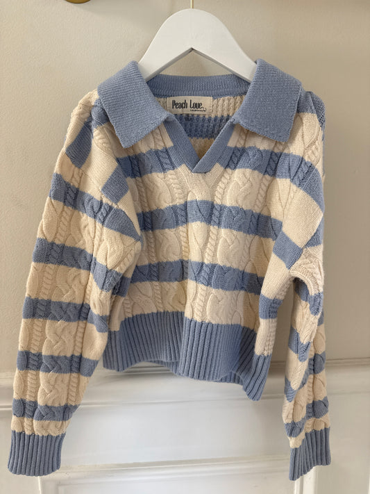 TWEEN COLLARED STRIPE DETAIL CROPPED SWEATER - DUSTY BLUE /IVORY