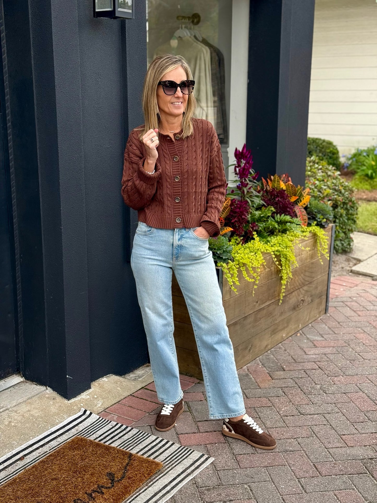 CABLE KNIT SWEATER LONG SLEEVE CARDIGAN - CHOCOLATE