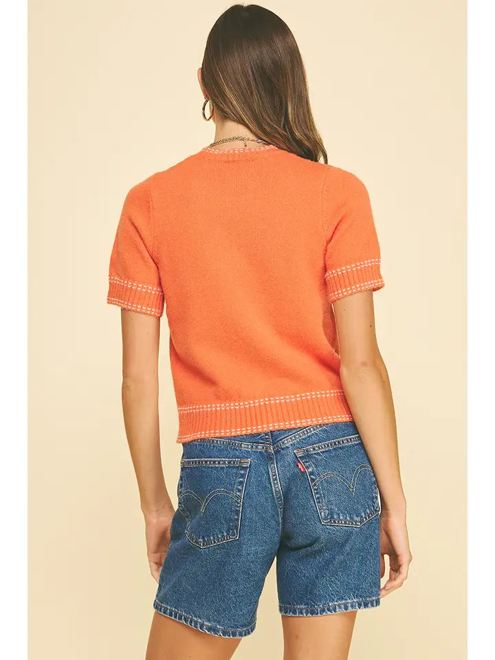 STITCH DETAILED SHORT SLEEVE SWEATER TOP - SALMON