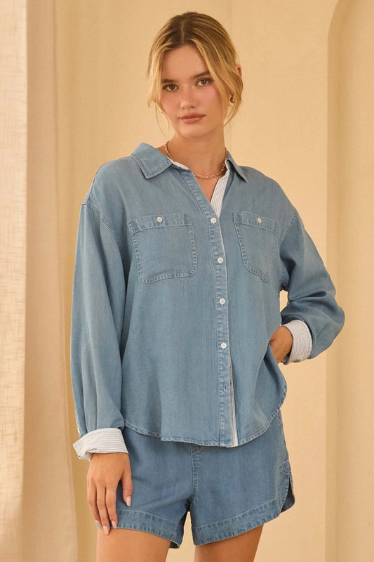 WASHED TENCEL SHIRT WITH POCKET AND STRIPE CUFF - CHAMBRAY BLUE