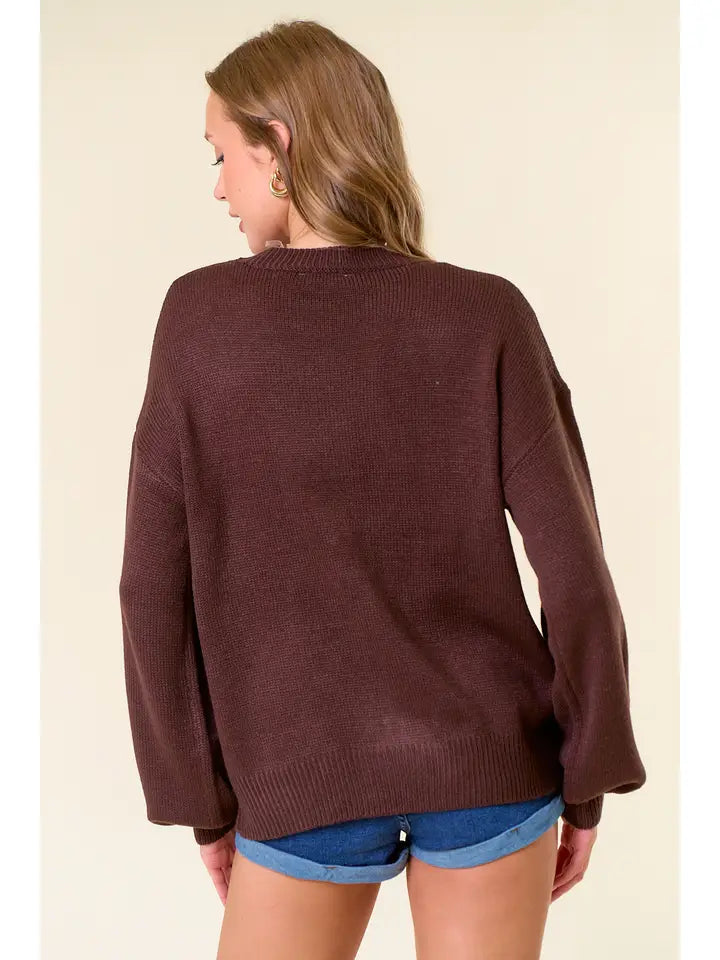 HELLO FALL EMBROIDERED OVERSIZE SWEATER - CHOCOLATE