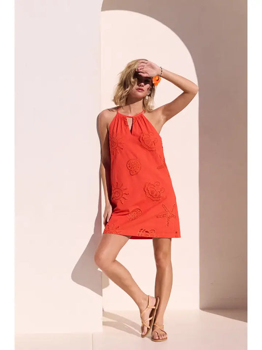 COASTAL EYELET LACE MINI DRESS - CORAL