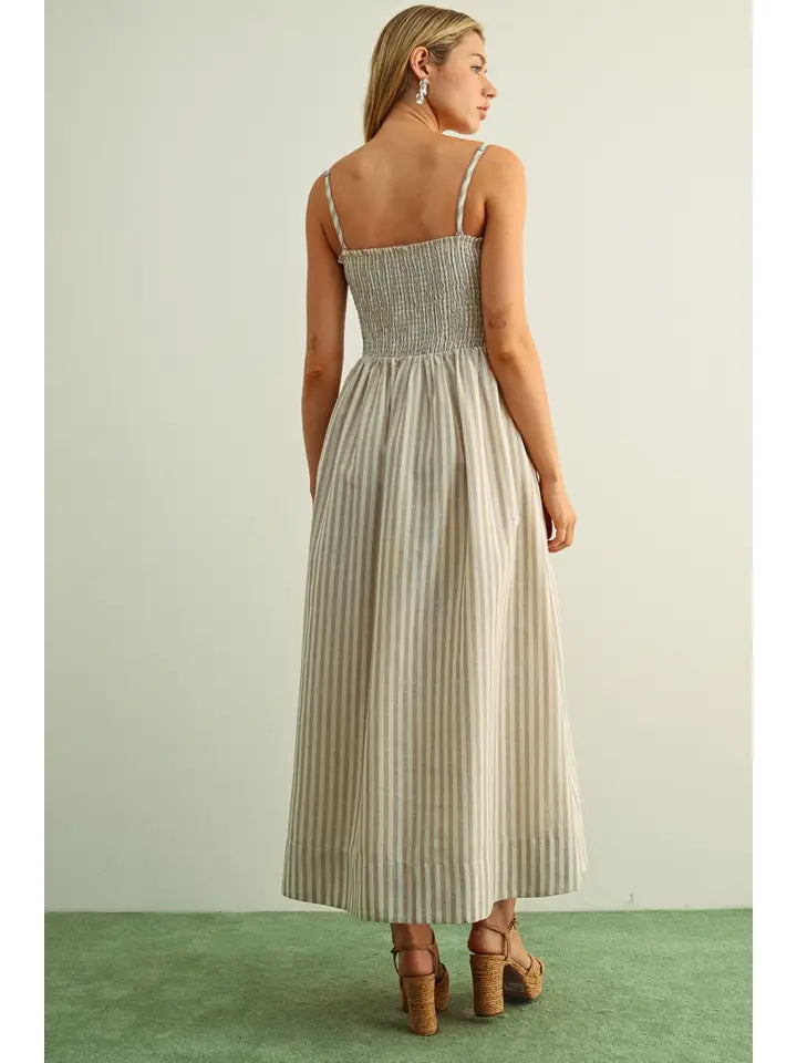 STRIPED FABRIC WITH SMOCKING TOP MAXI DRESS - TAN
