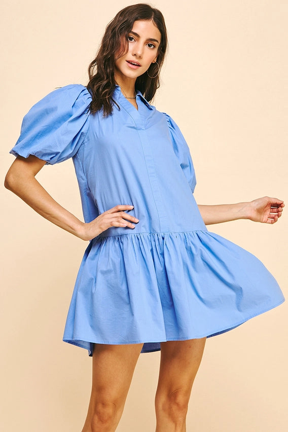 COLLARED TIERED MINI DRESS - URBAN BLUE