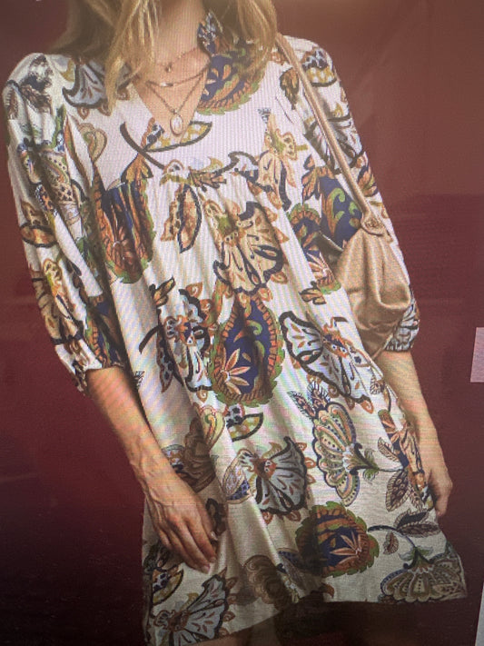 ABSTRACT PRINT PUFF SLEEVE BABYDOLL DRESS- CREAM