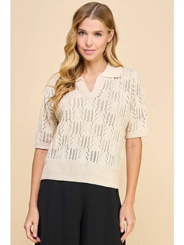 COLLARED KNIT TOP - CREAM