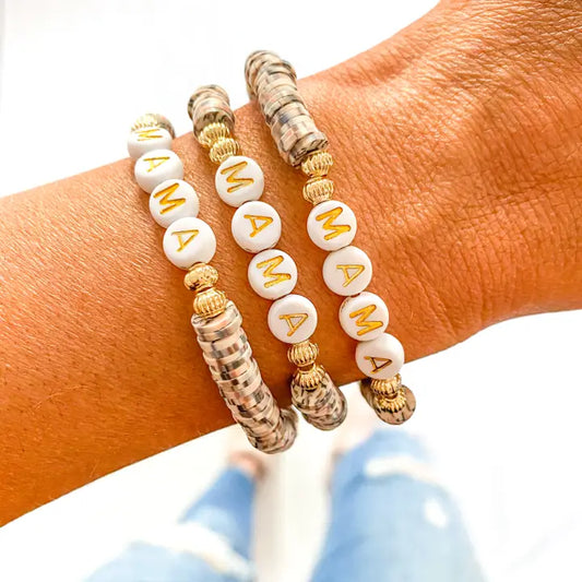 GOLD MAMA BRACELET - BROWN SPECKLE DALMATIAN HEISHI BRACELET