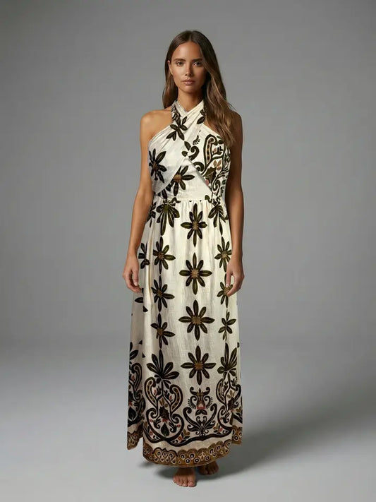 OLIVE VEIL HALTER MAXI DRESS