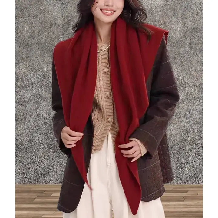 CASHMERE BLEND KNIT TRIANGLE SHAWL WITH CROSS FRONT DESIGN - WINE RED