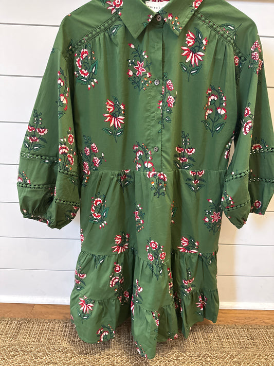 FLORAL PRINT 3/4 SLEEVE TIERED MINI DRESS WITH COLLAR - OLIVE