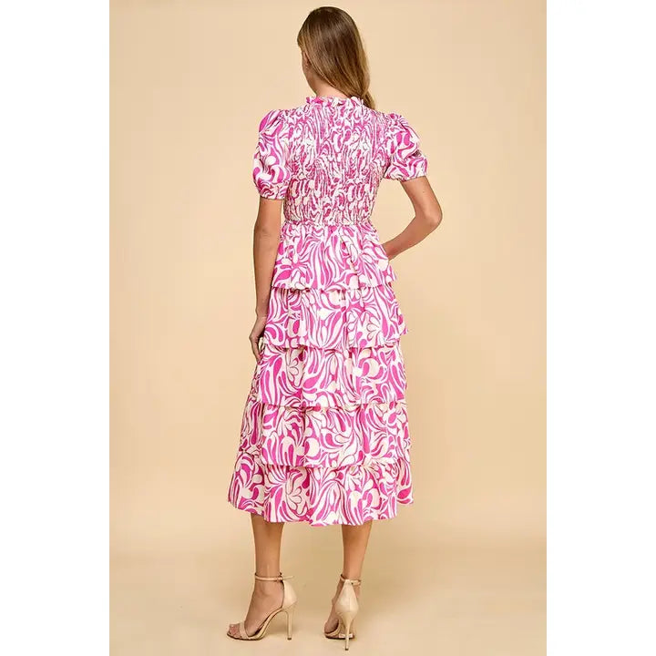 ABSTRACT SMOCKED DETAIL MIDI DRESS - PINK
