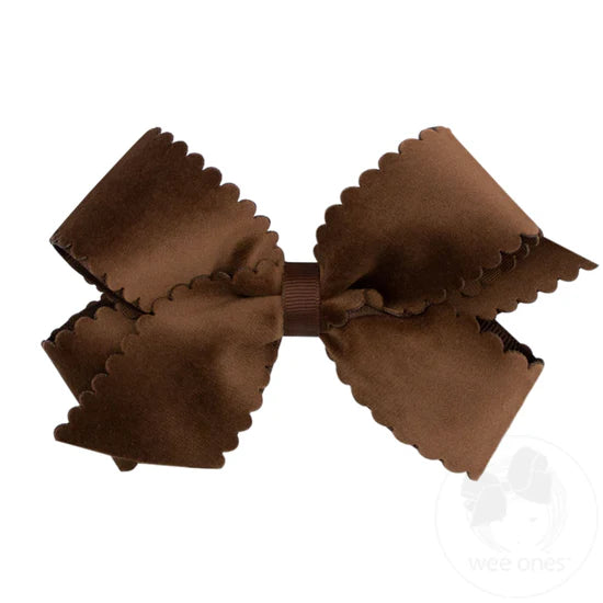 MEDIUM GROSGRAIN SCALLOPED VELVET OVERLAY BOW - BROWN
