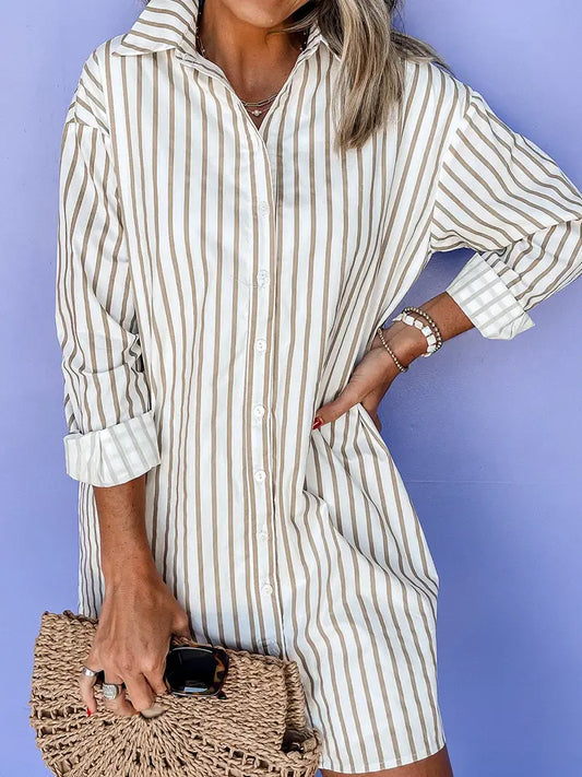 KHAKI STRIPE LONG SLEEVE BUTTON UP MINI SHIRT DRESS