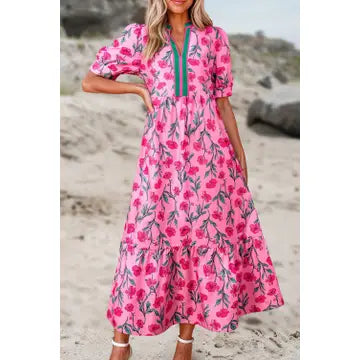 FLORAL PRINT V NECK SHIFT SIDE POCKETS LONG DRESS