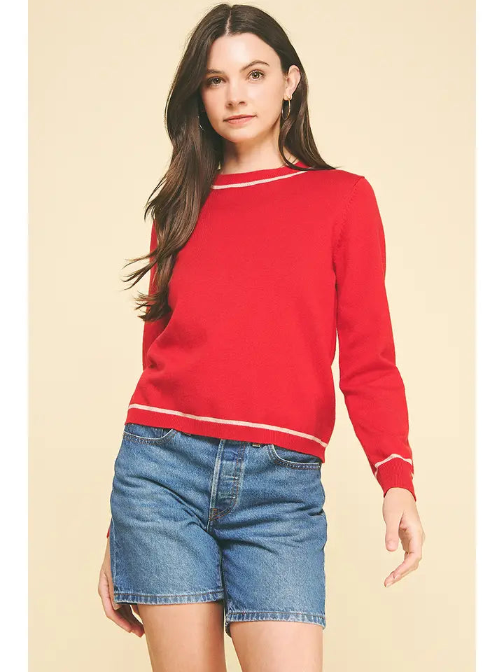 STRIPED DETAIL KNIT SWEATER - RED