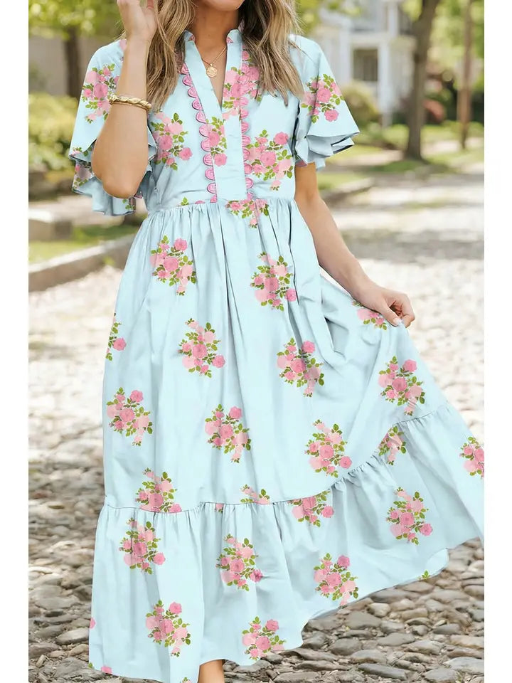 FLORAL PRINT V NECK FLUTTER MAXI DRESS - SKY BLUE