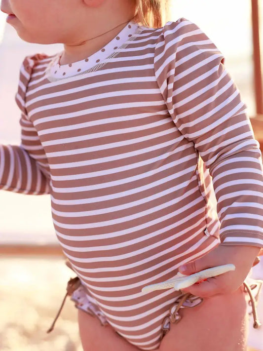 LONG SLEEVE RASH GUARD WITH RUFFLE BOTTOM - SANDY STRIPES