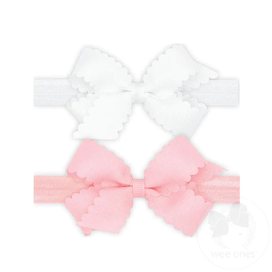 TWO MINI SCALLOPED GIRLS HAIR BOWS W/ BANDS