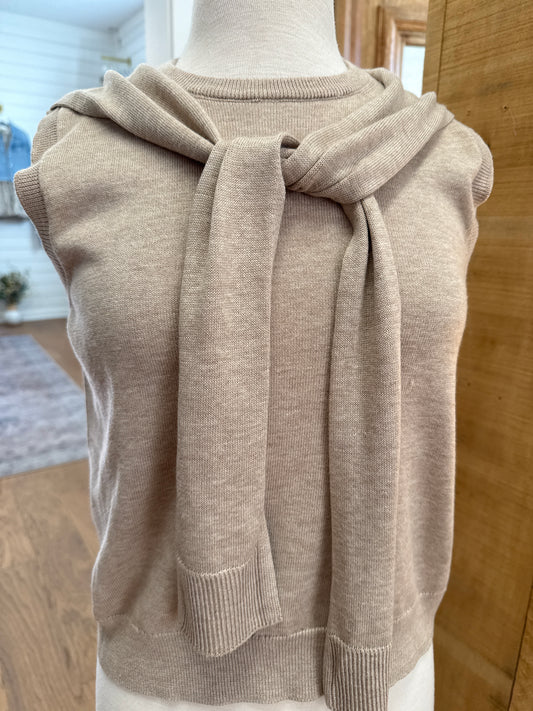 SLEEVELESS SWEATER TIE NECK - OATMEAL