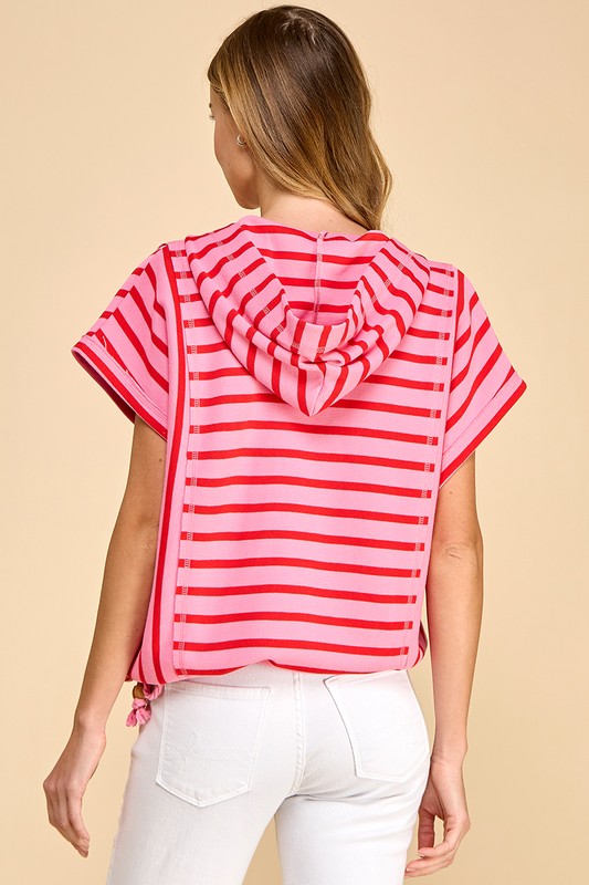 STRIPED HOODED TOP - PINK/RED