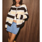 LONG SLEEVE ROUND NECK STRIPED SOFT CARDIGAN - BROWN-MULTI STRIPE
