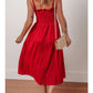 TEXTURED SHIRRED RUFFLED TRIM MIDI DRESS - RED