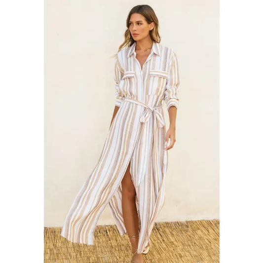 STRIPED BELTED MAXI SHIRT DRESS - BIRCH BROWN