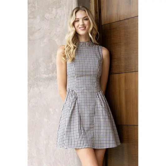 GINGHAM SHORT DRESS - BROWN