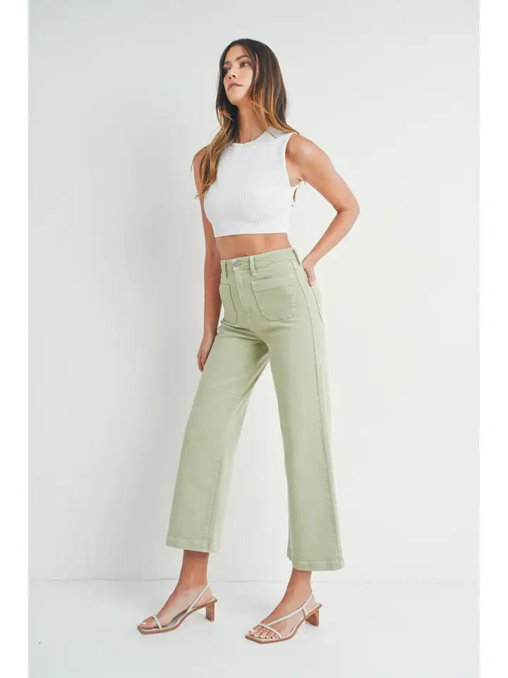 PATCH POCKET WIDE LEG JEANS - LIGHT SAGE