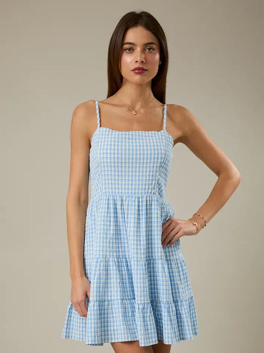 SQUARE NECK SHOULDER STRAP TIERED MINI DRESS WHITE/BLUE GINGHAM