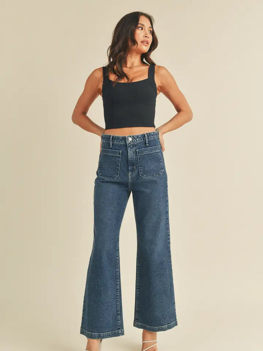 PATCH POCKET WIDE LEG JEANS - DARK WASH
