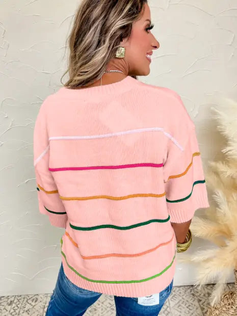PINK COLOR BLOCK STRIPED HALF SLEEVE DROP SHOULDER