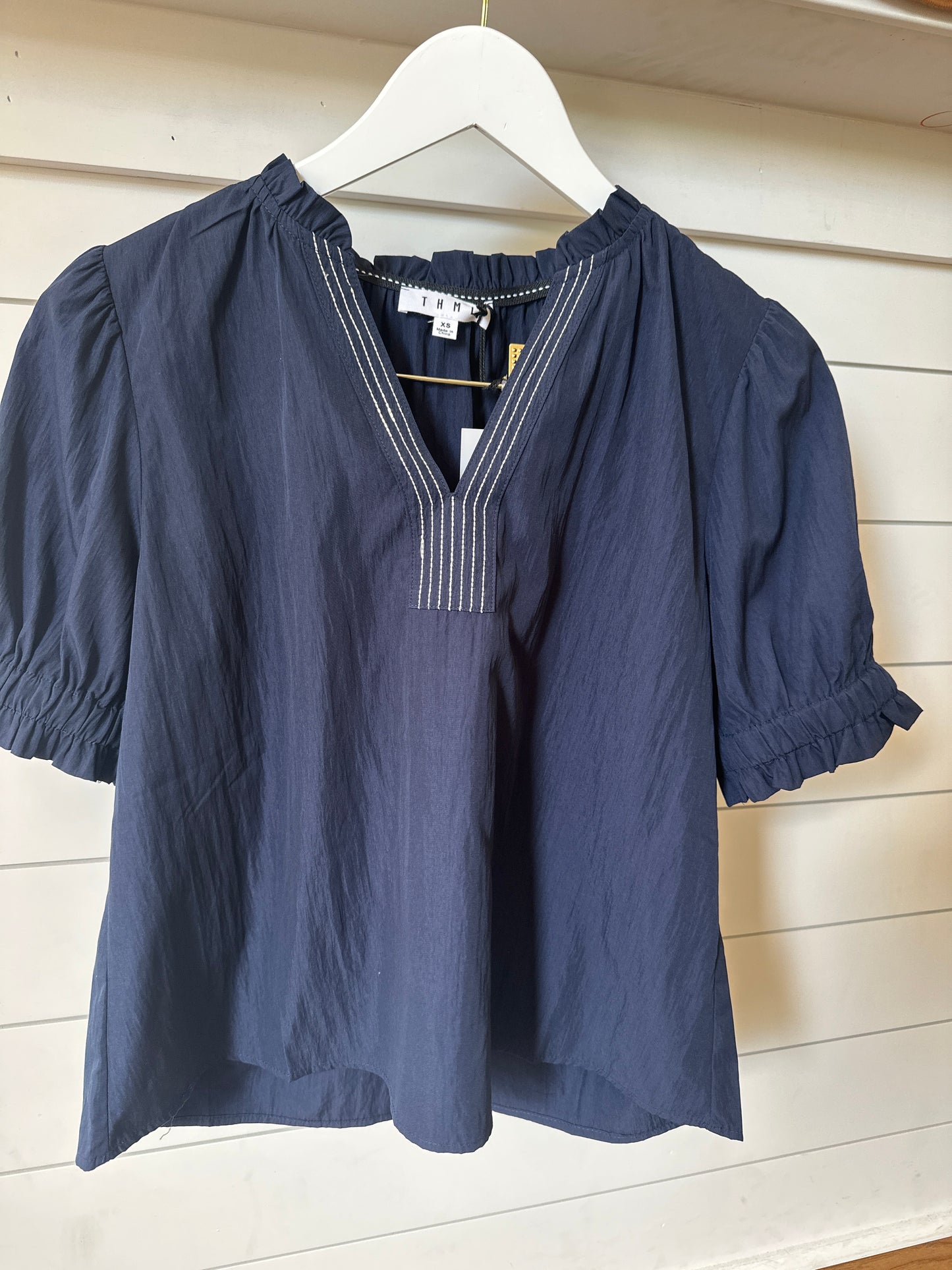 SELF-TIE V-NECK BLOUSE TOP - NAVY