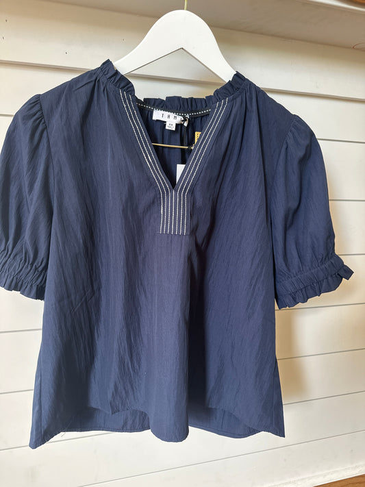SELF-TIE V-NECK BLOUSE TOP - NAVY