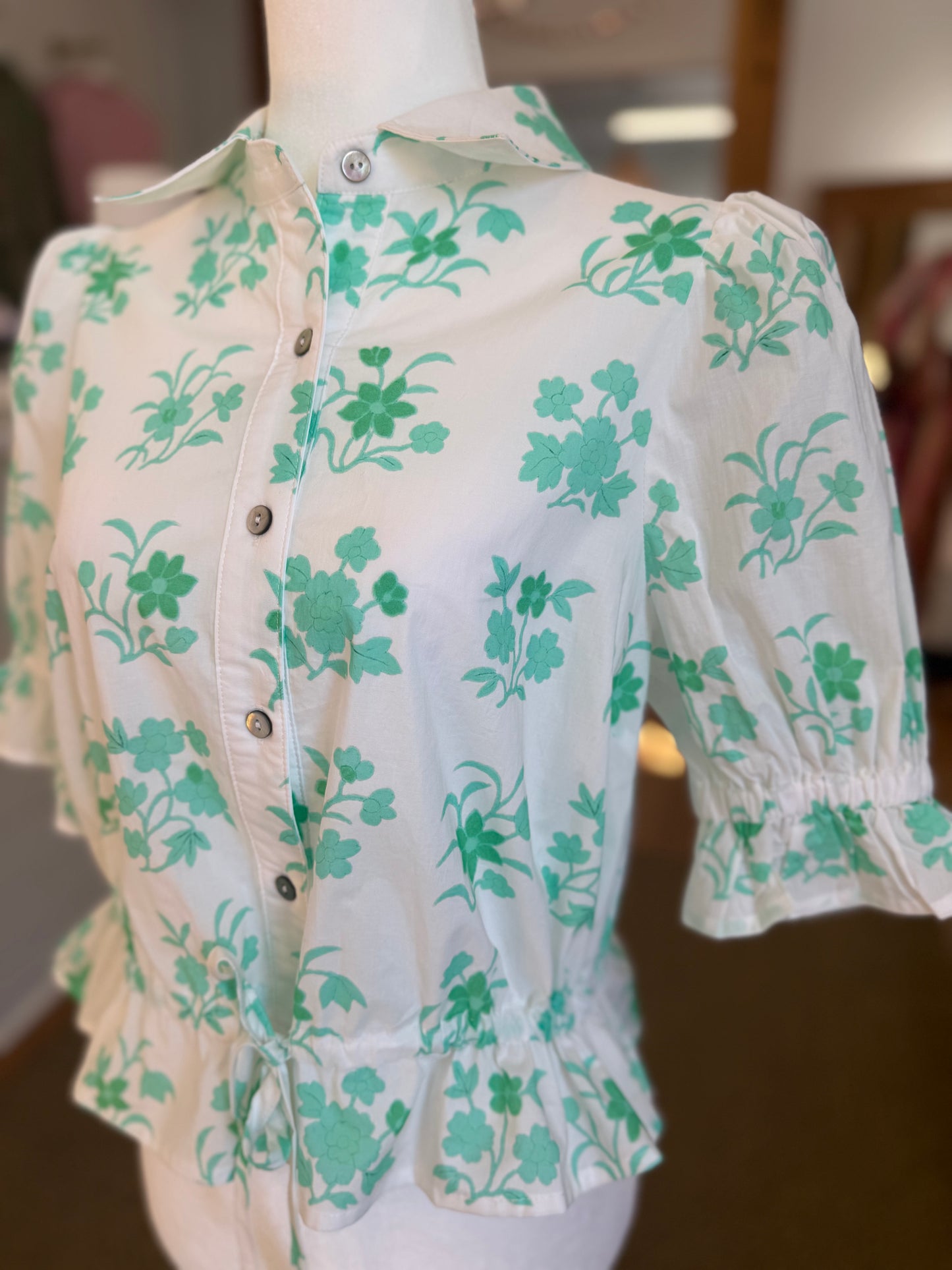 PUFF SLEEVE BUTTON DOWN ADJUSTABLE WAIST TOP - MINT
