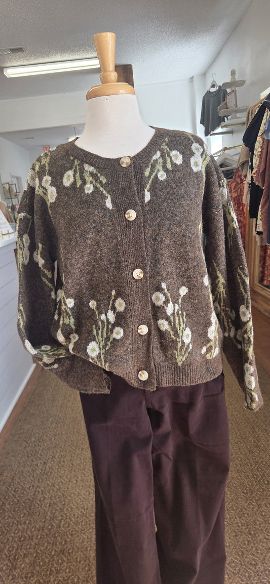 CHERRY BLOSSOM PRINT CARDIGAN - BROWN