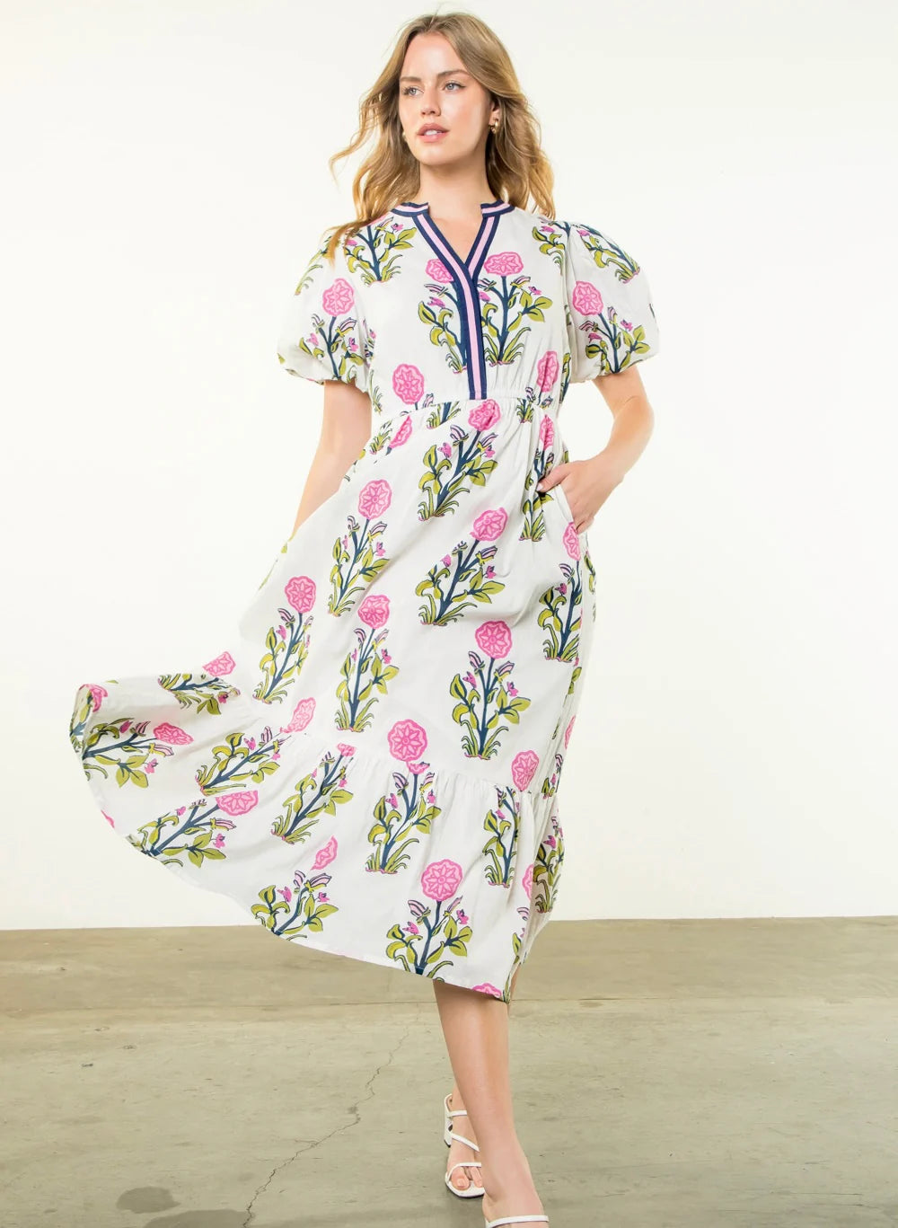 PUFF SLEEVE FLOWER PRINT MAXI DRESS - WHITE