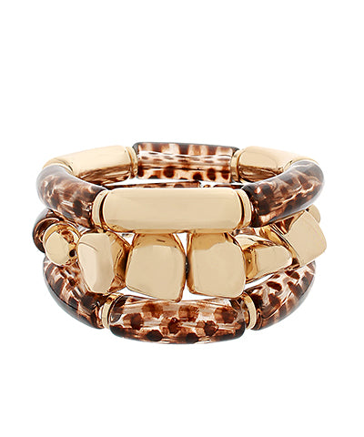 3ROW PEBBLE SHAPE & CYLINDER BRACELET -  CLEAR/BROWN/GOLD