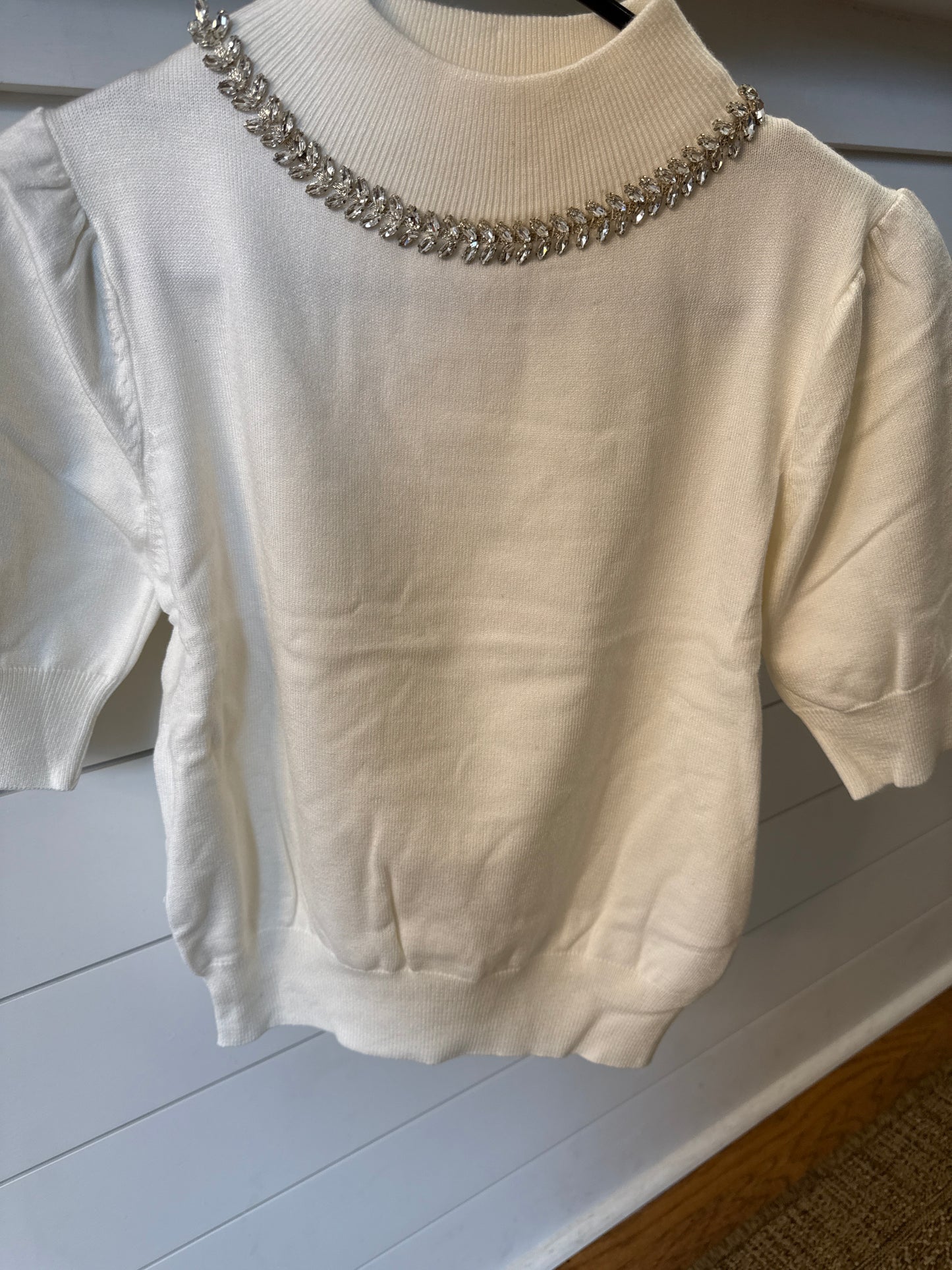 HALF PUFFY SLEEVE MOCK NECK BEADED SWEATER TOP - OFF WHITE