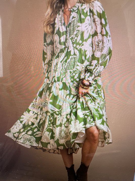 FLORAL TIERED LONG SLEEVE MIDI DRESS - GREEN