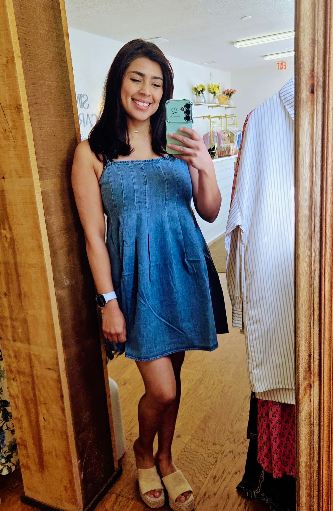 PLEATED DENIM MINI DREE WITH BACK SMOCKING - DENIM